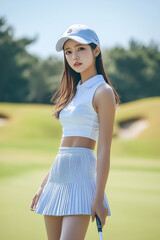 wearing a skirt Asian pretty woman standing on the golf course