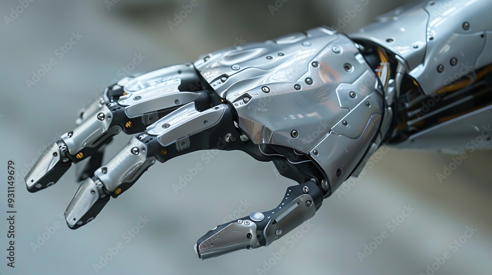 Poster close-up of a futuristic metallic robotic hand showcasing advanced technology and intricate design d