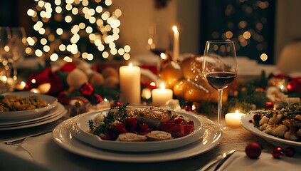 Fototapeta premium A Festive Christmas Dinner Table Setting with Red Wine, Candles, and Delicious Food