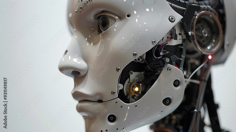 Poster close-up of a humanoid robot head showcasing intricate details of advanced robotics and ai technolog