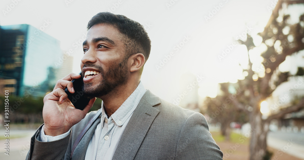 Wall mural Business, man and happy with phone call in city for company consultation, networking or good news. Professional, employee and smartphone in urban town for communication and conversation on sidewalk