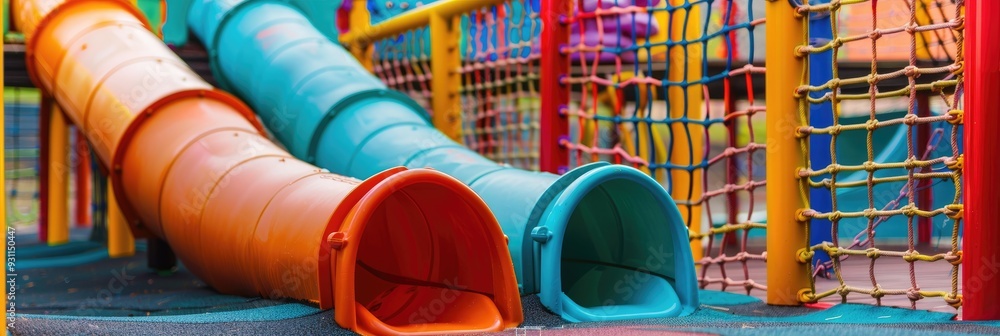 Poster close-up of vibrant, oversized slides designed for children, featuring a springboard and safety nett