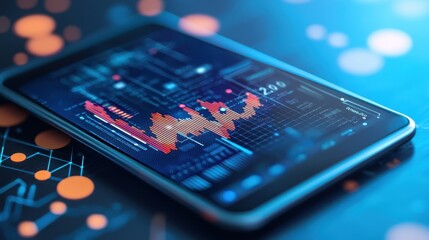 Digital Tablet Displaying Financial Market Data with Futuristic Graphs and Charts