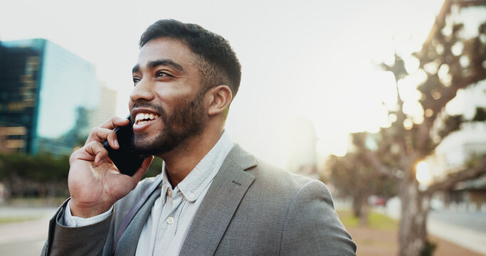 Business, man and happy with phone call in city for company consultation, networking or good news. Professional, employee and smartphone in urban town for communication and conversation on sidewalk - Powered by Adobe