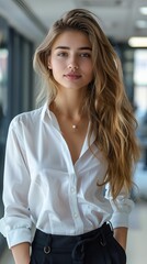 Obraz premium Young and beautiful business woman, Office work style, Fashion. Generative AI.
