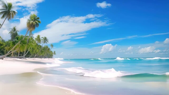 A stunning tropical beach scene with palm trees and transparent water, creating a perfect paradise setting, White sand and coco palms travel tourism wide panorama background concept