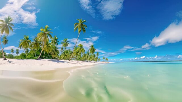 A picture capturing the beauty of a tropical beach, complete with palm trees and crystal-clear water, White sand and coco palms travel tourism wide panorama background concept