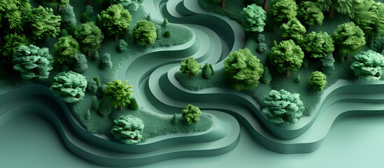 Forest River Flowing Through Lush Paper Landscape in Pastel