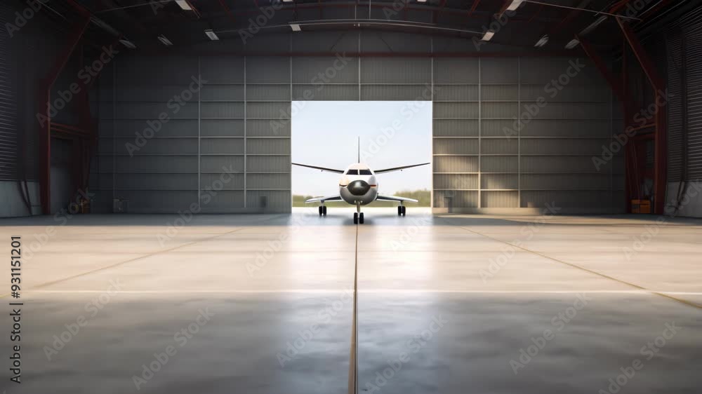 Poster 3d rendering of an airplane parked in a hangar with no people, 3d rendering of a large hangar buildi