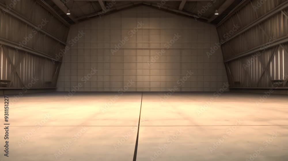 Poster 3d rendering of an empty warehouse with a concrete floor and a wall, 3d rendering of a large hangar 