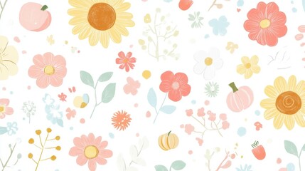 Fototapeta premium A colorful floral pattern featuring various flowers and pumpkins on a white background.