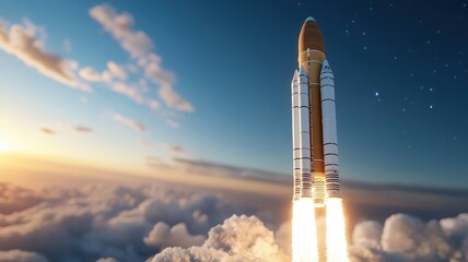 Obraz premium Space rocket on launch pad, bathed in morning sunlight.