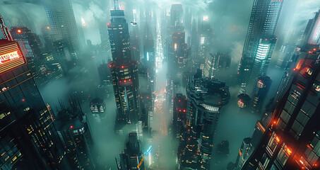 Fototapeta premium A futuristic city with a sense of technology. Aerial high view. Generative AI.