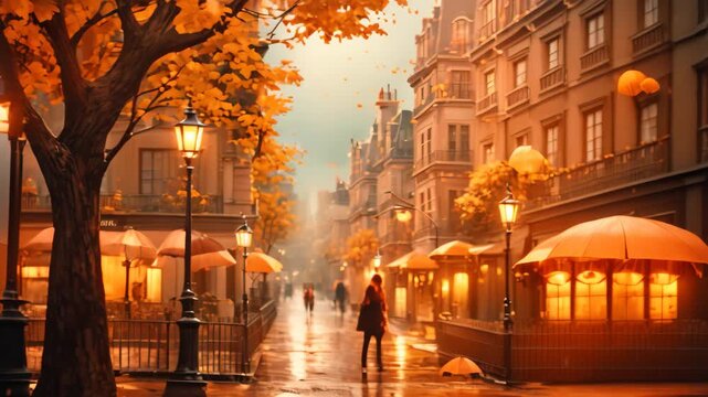 Autumn in Paris, France. Watercolor painting on canvas, A painting depicting a Paris street in autumn with a man walking under the trees and lanterns