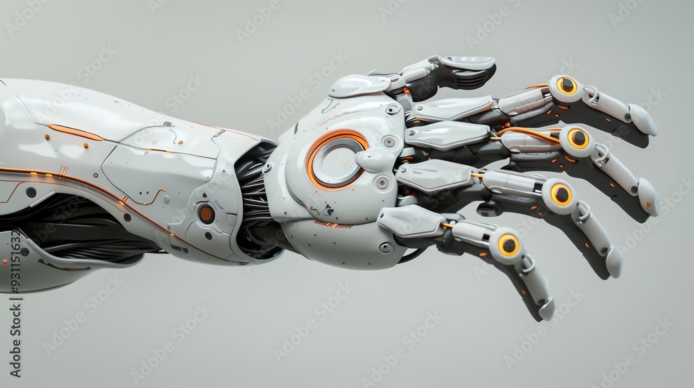 Poster high-tech robotic arm with intricate design and advanced mechanics, showcasing futuristic technology