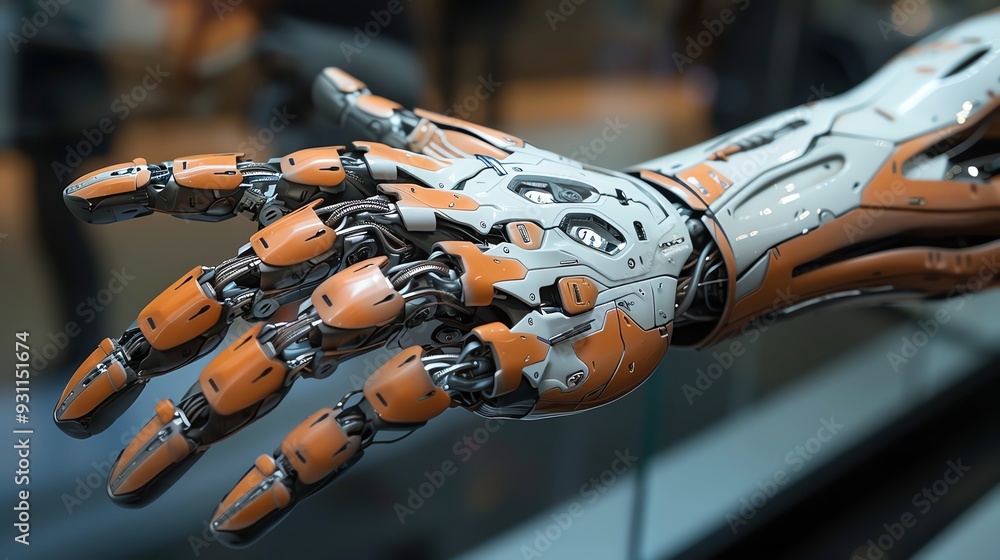 Poster close-up image of an advanced robotic hand with intricate mechanical details, showcasing the future 
