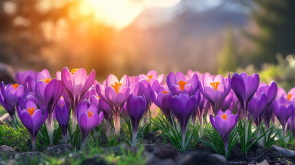 purple crocus flowers basking in sunlight, symbolizing renewal, hope, and the arrival of spring, creating a picturesque and uplifting scene