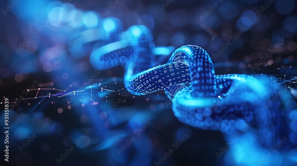 Poster close-up of a digital blockchain chain concept, illustrating technology, data security, and cryptocu