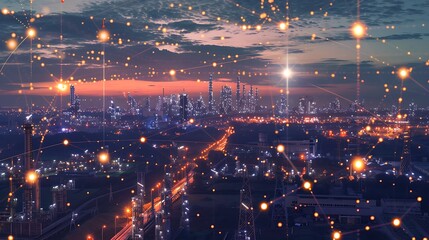 Fototapeta premium aerial view of a city at night with numerous lights and a network of connections overlay, suggesting a technological and industrial hub.