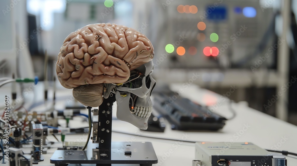 Poster close-up of an artificial brain model on a robot skull in a laboratory setting, emphasizing advanced