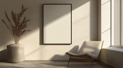 Minimalist Living Room with Empty Frame, Chair, and Dried Flowers