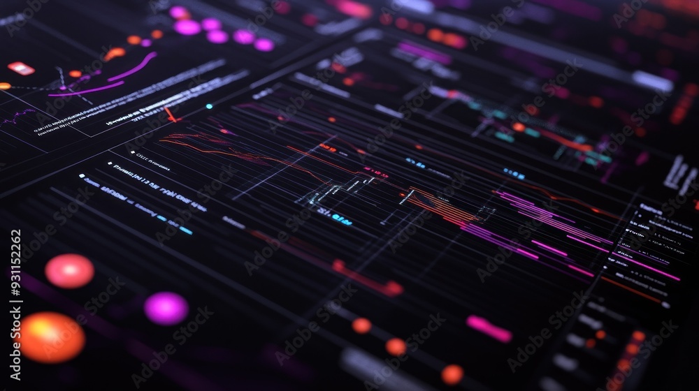 Poster A close-up of a digital screen displaying colorful lines and graphs.