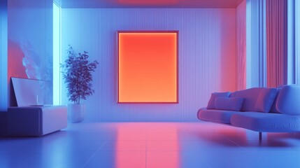 Minimalist Modern Living Room with Neon Lighting and a Blank Canvas