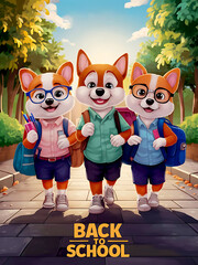 Three funny dogs as schoolboy, friends with a backpacks, pens, and textbooks is going and running to school. Be smart. text back to school, Generative AI, 4K HD high resolution, wearing sun glasses