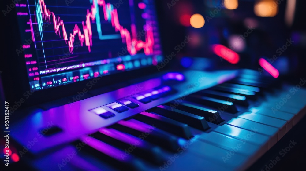 Poster keyboard in front of a stock market graph screen