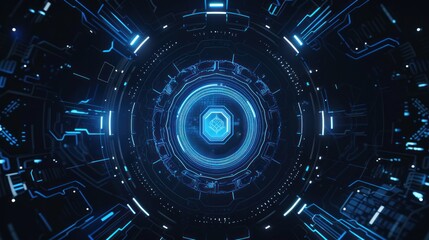 Abstract Digital Interface with Glowing Blue Lines and a Central Icon