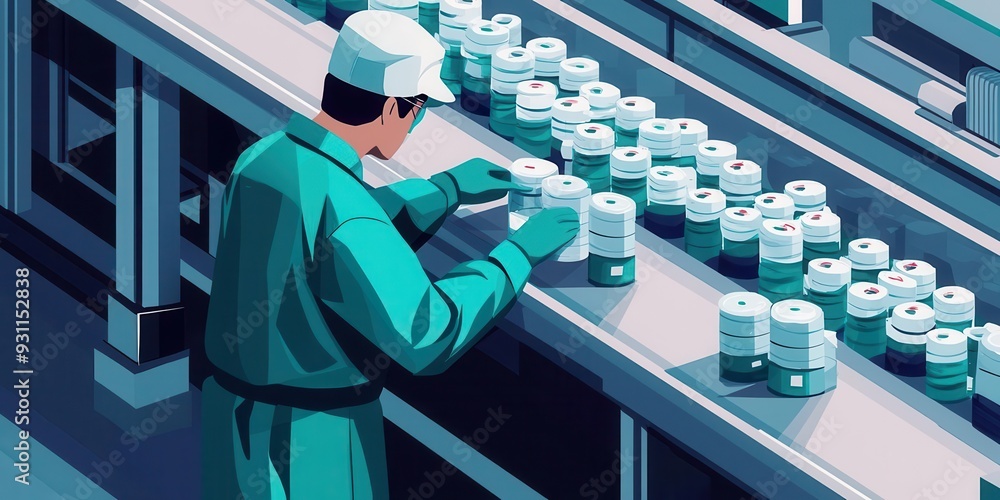 Poster close-up of a factory worker checking product quality on a production line