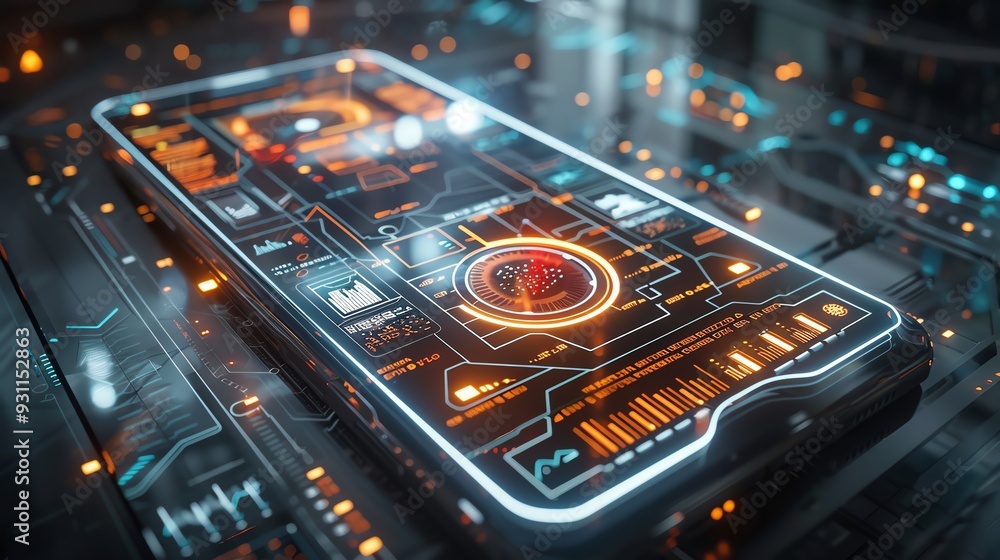 Poster futuristic smartphone interface with glowing holograms, emphasizing advanced technology and digital 