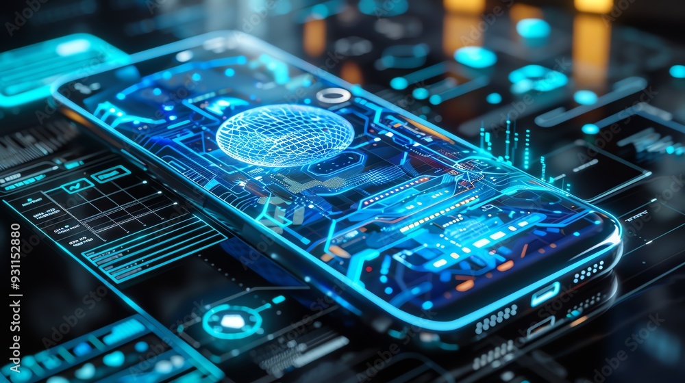 Poster futuristic smartphone with holographic display and blue digital interface, showcasing advanced techn
