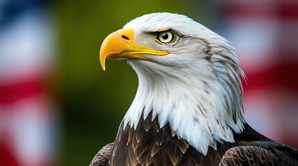 Naklejka premium image of eagle against the American flag while celebrating Independence Day. copy space for text.