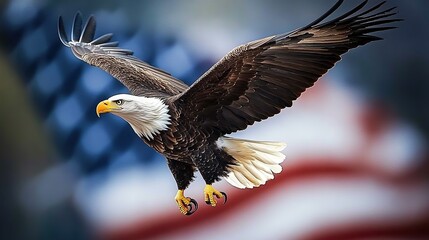 Fototapeta premium image of eagle against the American flag while celebrating Independence Day. copy space for text.