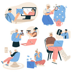 New Technologies with People Character Using Mobile Device Vector Set