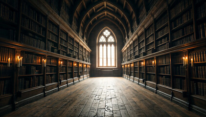 Fototapeta premium an old, wooden library with bookshelves on either side and a window at the end. The room has a cathedral-like ceiling and is filled with sunlight. There are several flickering candles 