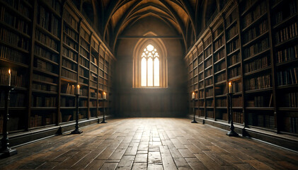 an old, wooden library with bookshelves on either side and a window at the end. The room has a cathedral-like ceiling and is filled with sunlight. There are several flickering candles 