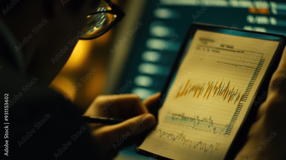Poster close-up of a man's hand analyzing financial data on a tablet