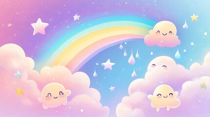 A colorful, whimsical scene featuring smiling clouds, a rainbow, and stars in a dreamy sky.