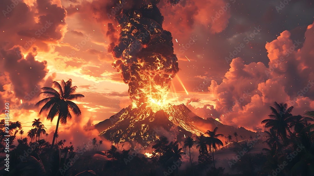 Poster volcano erupts with a fiery explosion, creating a dramatic spectacle against a sunset sky with palm 