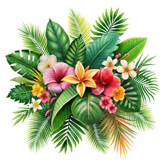 Tropical Foliage Plant Bush in Horizontal Floral Arrangement Isolated on White Background. Perfect for: Tropical Ads, Nature Campaigns, Botanical Events