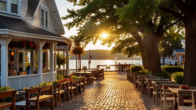 view of a small town on the edge of a lake with gazebo buildings, looping video that must be 4k animation.