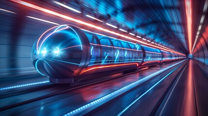 Futuristic high-speed train traveling through an illuminated tunnel with streaks of neon lights, showcasing modern transportation technology.