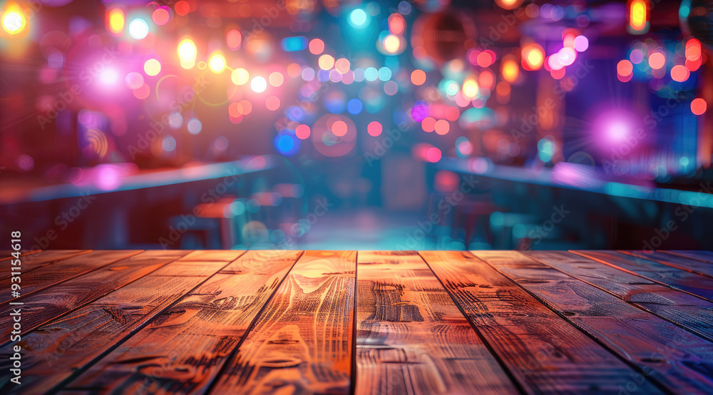 Aufkleber Empty wooden table with empty disco club on blurred background. Generative AI.
