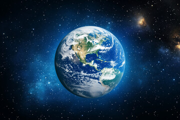 Fototapeta premium blue and white planet with a white cloud in the sky. The planet is surrounded by stars and the sky is dark
