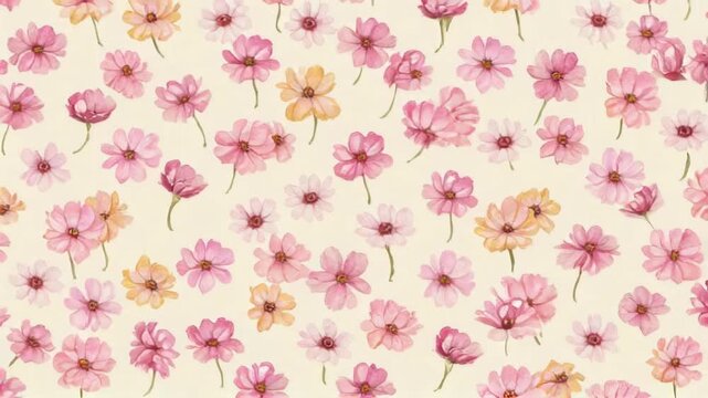 A soft floral pattern featuring delicate pink flowers on a light background, creating a warm and cheerful atmosphere.