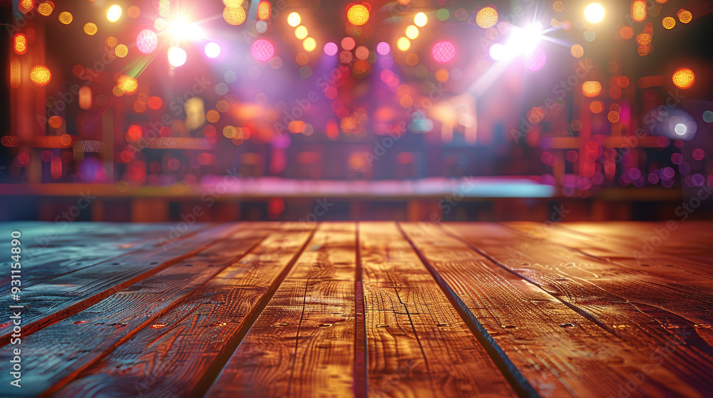 Aufkleber Empty wooden table with empty disco club on blurred background. Generative AI.