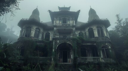 Obraz premium Overgrown Abandoned Mansion in Foggy Forest