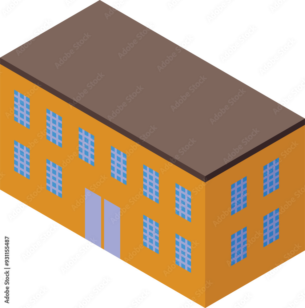 Poster large modern factory building with multiple windows and doors, rendered in isometric projection